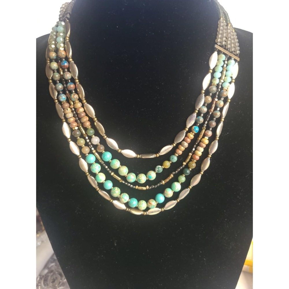 Makamol Multistrand Blue Brown Beaded Statement Necklace